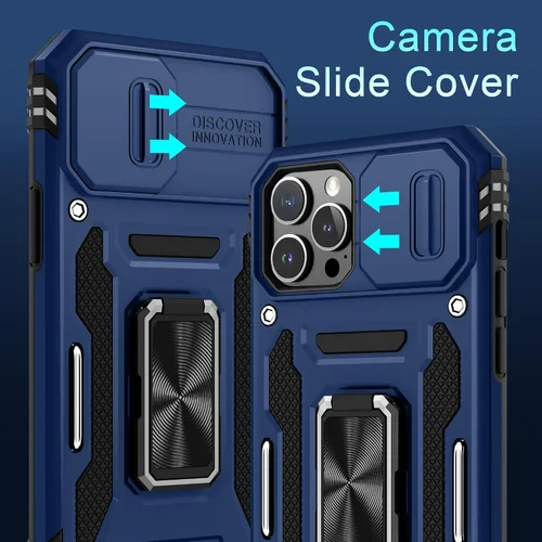 Vista 130 de DEERLAMN Funda para iPhone Xs Max con funda deslizante para cámara + protector de pantalla, soporte giratorio de anillo de grado militar a prueba