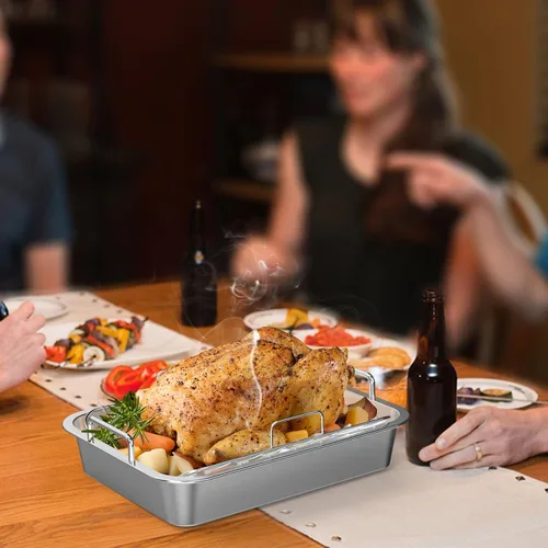 Vista 4 de Onlyfire Sartén para asar con estante en U – Asador de acero inoxidable para hornear, sartén rectangular de lasaña de pavo de 16 pulgadas para asar