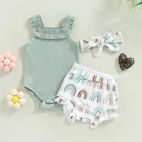 Vista 6 de Engofs Ropa de verano para bebé recién nacido, sin mangas, traje corto, diadema, 3 piezas
