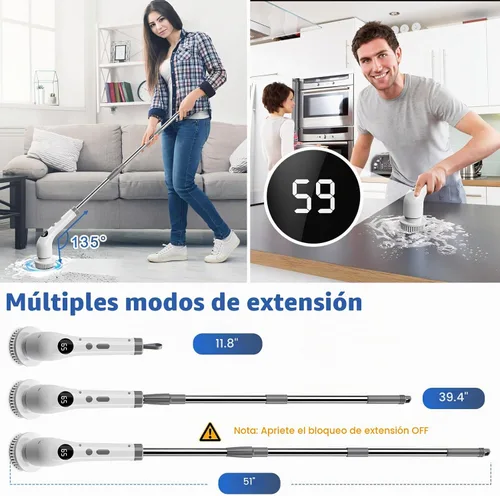 Vista 2 de Qimedo Cepillo Giratorio de Mano con Mango Largo Extendido, Cepillo Eléctrico Recargable para Limpieza, Cepillo Inalámbrico para Platos con 6