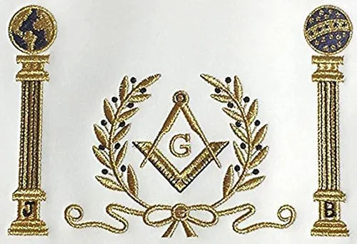Vista 2 de Delantal azul marino Master Mason Square G & Pillars Francmasons Gold Fringe, Azul y blanco.