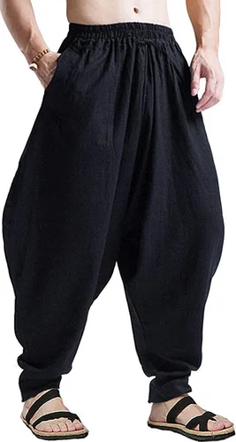 Vista 16 de perdontoo Pantalones harén para hombre, ajuste holgado, cintura elástica, cordón ajustable, pantalones hippie Aladdin beige