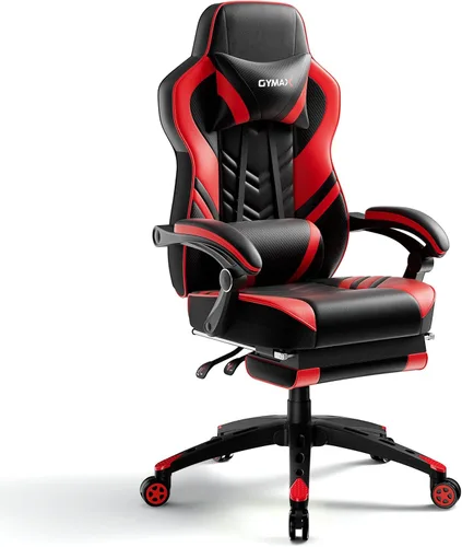 Vista 10 de POWERSTONE Silla de videojuegos con reposapiés y soporte lumbar, estilo carreras, piel sintética, ergonómica, ajustable, giratoria, color negro