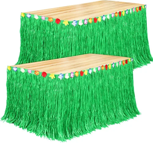 Vista 17 de Fovths Luau - Falda de mesa de hierba natural de 9 pies x 29.5 pulgadas, falda de mesa hawaiana para decoraciones de fiesta hawaiana tropical, Verde