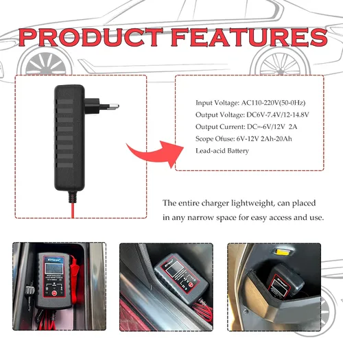 Vista 4 de Cargador de goteo para batería de coche de 12 V/6 V, cargador de batería automático inteligente para motocicleta con cable SAE, mantenedor