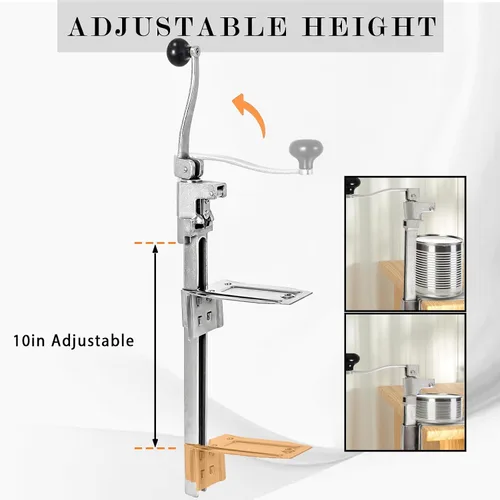 Vista 3 de Abrelatas comercial resistente, abridor manual ajustable con 2 cuchillas y base de acero chapada, se adapta a latas de hasta 10 pulgadas de alto