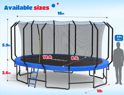 Vista 8 de ORCC Trampolín ovalado para exteriores con red de seguridad, trampolín de gimnasia recreativa para niños, trampolines de jardín con marco de acero