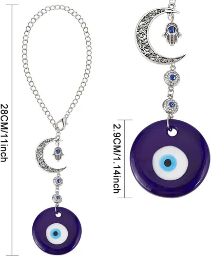 Vista 2 de Adorno colgante azul para coche con ojo malvado, dijes de cuentas con ojo malvado con adorno colgante de luna para coche, atrapasueños, regalo