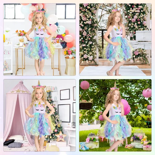 Vista 6 de PARTISKY Vestido de unicornio de Halloween para niñas, 3-10 años, disfraz de unicornio con lentejuelas, vestido tutú de princesa para fiesta