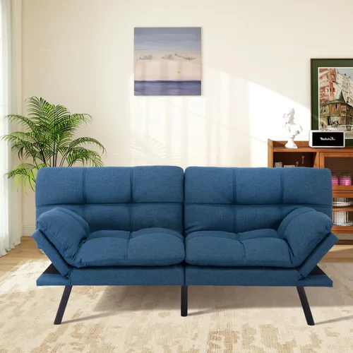 Vista 10 de MUUEGM Sofá cama futón de espuma viscoelástica, moderno sofá de oficina de tela azul, sofá convertible para espacios pequeños, apartamento, oficina