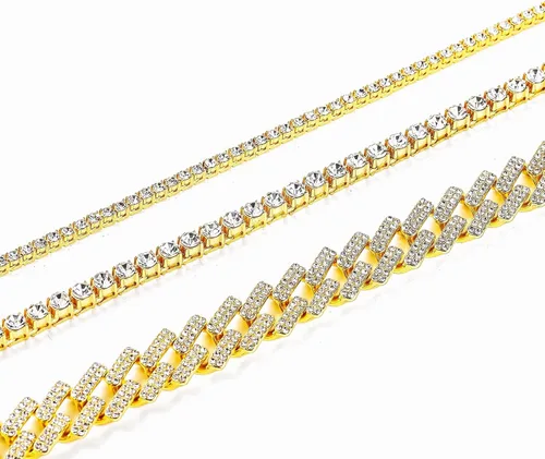Vista 6 de HH BLING EMPIRE Cadena de eslabones cubanos y tenis dorados para hombre juego de collar de cadena cubana de diamantes para hombre cadena de joyería