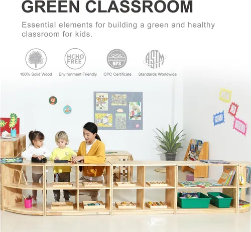 Vista 8 de Estante de almacenamiento Montessori curvado de 3 niveles - Organizador infantil para juguetes, libros y suministros de arte, muebles de gabinete