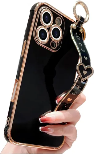 Vista 25 de IDweel Funda para iPhone 11 Pro Max con correa de pulsera ajustable, lazo atril, chapado de lujo de corazón, esquinas elevadas, a prueba de golpes