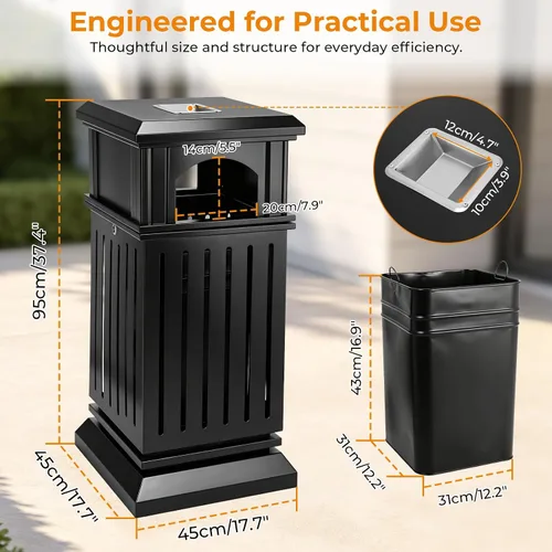 Vista 7 de BEAMNOVA Cubo de basura negro para exteriores, bandeja superior de acero inoxidable con tapa de bloqueo, contenedor de basura industrial resistente