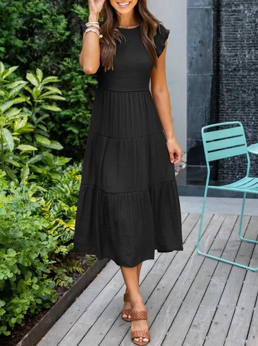 Vista 6 de MEROKEETY - Vestido midi fruncido de manga corta para mujer vestido de verano casual acampanado con cintura elástica y escalonado