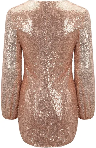 Vista 5 de Vestido sexy de lentejuelas para mujer de manga larga brillante para discoteca fiesta noche vestido moderno y liso con cuello redondo HR