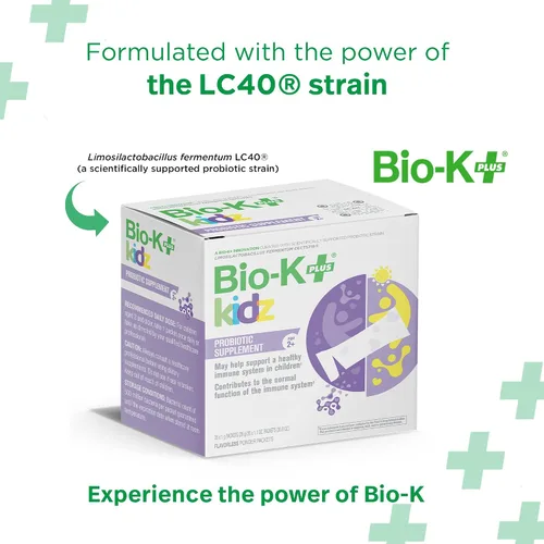 Vista 2 de Bio-K+ Kidz - Polvo probiótico para niños con vitamina D3, estable en el estante, sin OMG, sin gluten, 28 paquetes de una sola porción