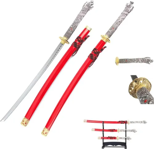 Vista 13 de Snake Eye Tactical Highlander Dragon Design Handle Samurai Katana - Juego de espada triple con soporte de espada