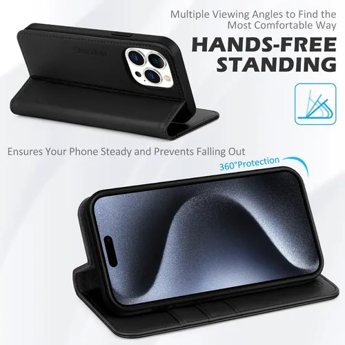 Vista 4 de SHIELDON - Funda tipo cartera de piel auténtica para iPhone 15 Pro de 6.1 pulgadas 2023, color negro Magnetic Closure, RFID Blocking, Credit Card