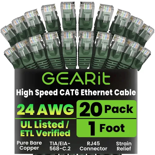 Vista 39 de GEARit Paquete de Cables Ethernet Cat 6 - Paquete de 20 Cables de Conexión Ethernet Cat6 de 1 pie Cable de Conexión de Red RJ45, Conectores