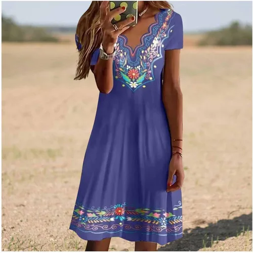 Vista 2 de Esopkuu Vestido de manga corta de algodón puro con estampado retro nacional, bordado con cuello en V, diseño de encaje