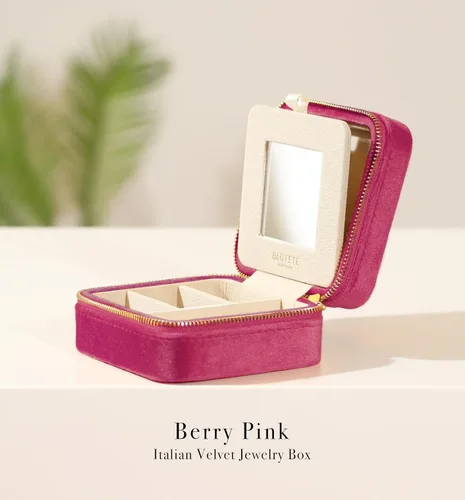 Vista 2 de BLUTETE Joyero de viaje organizador de terciopelo con espejo, anillos, aretes, collares, caja organizadora de almacenamiento (rosa baya)