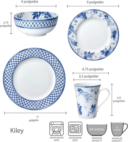 Vista 5 de Mikasa Kiley Bone China - Juego de vajilla ligera de 16 piezas resistente a las astillas, servicio para 4, azul y blanco