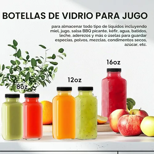 Vista 5 de Botellas de jugo de vidrio de 8 onzas con tapas, paquete de 3 - Frascos reutilizables pequeños para jugos verdes, shots y batidos
