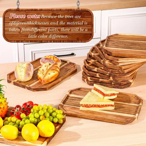 Vista 5 de Dandat Paquete de 12 platos de madera de acacia para servir de 10 x 5.5 pulgadas, bandeja rústica rectangular para charcutería, plato de queso