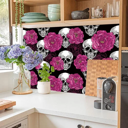 Vista 4 de Sugar Skull Penoy Papel Tapiz Floral de Despegar y Pegar para Dormitorio Negro/Blanco/Rojo Papel de Contacto Removible Decoraciones de Pared