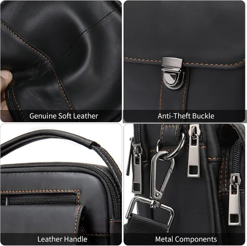 Vista 3 de Monederos y bolsos para hombre, pequeño, mini bolso de hombro de cuero genuino para hombres con muchos bolsillos con cremallera