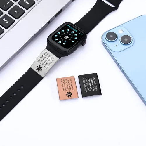 Vista 4 de Etiqueta de identificación de alerta grabada personalizada para correa de reloj con nombre, texto, etiqueta rectangular de acero inoxidable