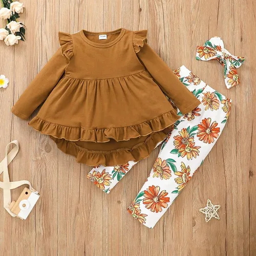 Vista 3 de GDDXLM Conjunto de traje de bebé para niña pequeña, con volantes, manga larga, pantalones florales con diadema, traje de traje de niña pequeña