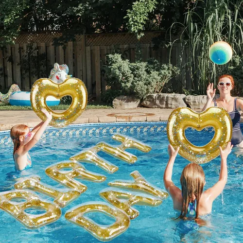 Vista 4 de Flotador inflable para piscina de cumpleaños, 15 unidades, con letras de corazón, para fiesta de piscina, globo grande de 20 pulgadas, decoración