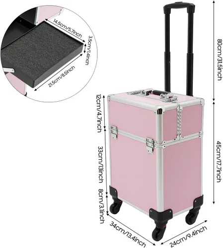Vista 2 de Estuche profesional de tren de maquillaje rodante, estuches de aleación de aluminio con llaves y ruedas giratorias, estuche portátil de peluquería