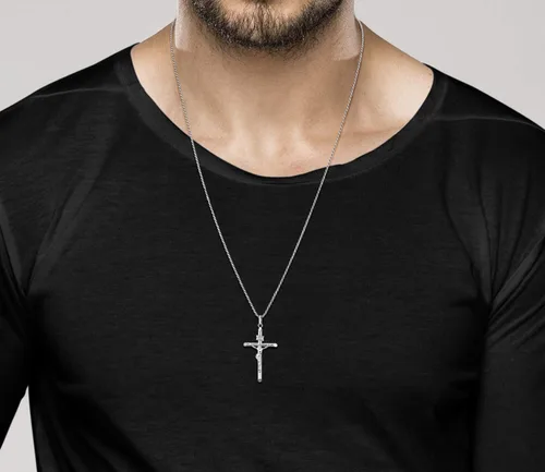 Vista 4 de Miabella Collar de crucifijo pequeño o grande de plata de ley 925 chapada en rodio para hombres y mujeres, colgante de cruz con cadena de cuerda