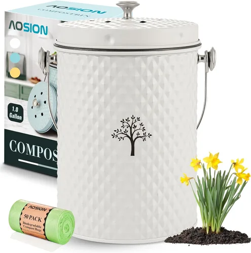 Vista 8 de AOSION Contenedor de compostaje para encimera de cocina, contenedor de compostaje interior resistente al olor con tapa y 50 bolsas de compost, Azul