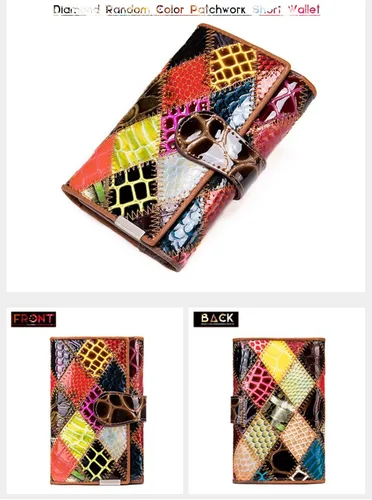 Vista 2 de Carteras multicolor para mujer, tarjetero de cuero genuino, monederos grandes, embrague para teléfono, Diamante multicolor-S, Cartera