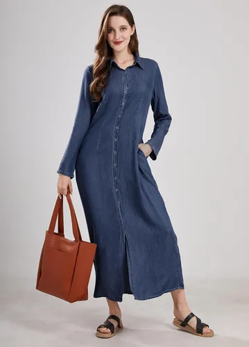 Vista 11 de utcoco Vestido largo casual de mezclilla con botones para mujer, con solapa, manga larga, con bolsillos