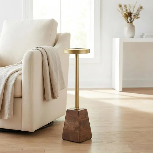 Vista 8 de Maya - Mesa decorativa redonda pequeña en metal sólido y madera, 8 x 8 x 25 pulgadas
