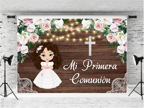 Vista 2 de Fondo fotográfico Flores bautismales, panel de pared de madera marrón, cortina de fondo decorativo para estudio de fotografía (5 x 3 pies)