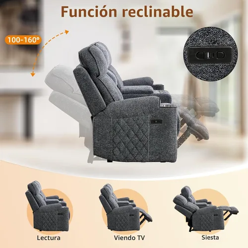 Vista 6 de EBELLO Sofá reclinable eléctrico de tela, sofá reclinable de dos plazas con portavasos, puertos de carga USB tipo C y espacio de almacenamiento, 2