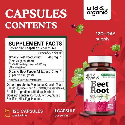Vista 3 de Wild & Organic Cápsulas de raíz de remolacha de 8000 mg - Extracto de remolacha 20:1 - 120 cápsulas veganas - Extracto de pimienta negra para una
