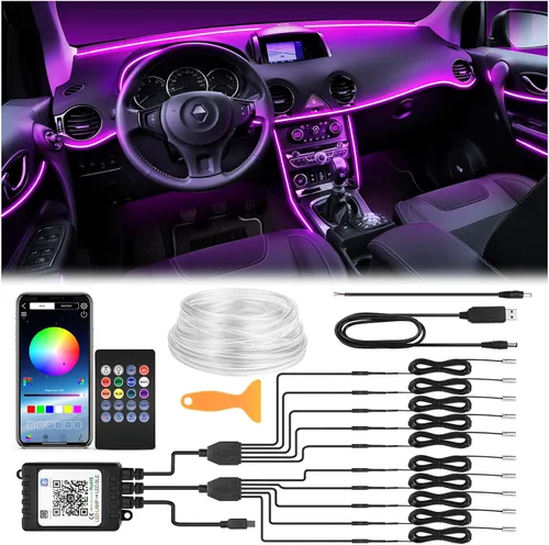 Vista 9 de Tira de luces LED para interiores de automóvil de 315 pulgadas, tubo de fibra óptica alimentado por USB, RGB 6 en 1, neón para automóvil