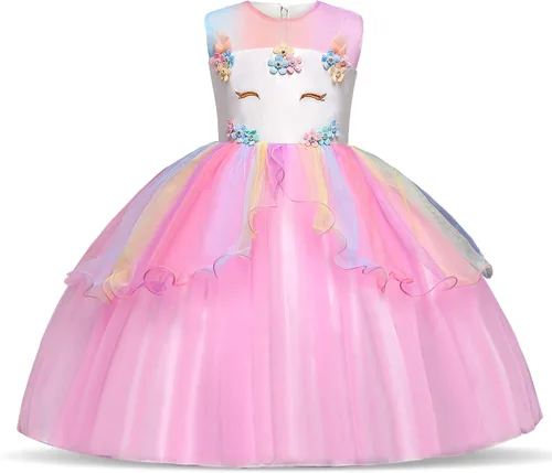 Vista 2 de Anbelarui Disfraz de unicornio de flores para niñas vestido de fiesta de princesa con diadema