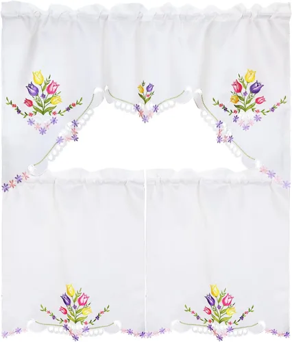 Vista 15 de Juego de cortinas bordadas de bastón de caramelo para ventana de cocina con cenefa y niveles para las fiestas navideñas (Bastón de caramelo)