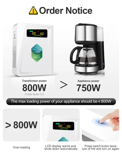 Vista 5 de ZHENGXI Transformador de reducción de 120 V a 100 V 1000 W, convertidores de voltaje de potencia, sin ruido, diez funciones de protección, usando