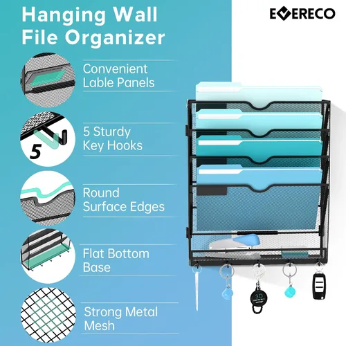 Vista 3 de 5 Tier Wall File Organizer, Metal Holder with Bottom Hooks Negro