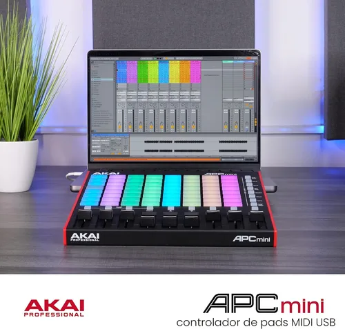 Vista 7 de Akai Professional APC Mini MK2 USB MIDI Pad Controller 64 blocs RGB, 9 faders, modo de batería y nota, mapeo 1:1 para Ableton Live