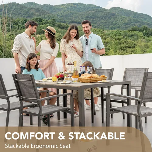 Vista 6 de Devoko Juego de comedor para patio, 7 piezas, muebles de exterior con mesa rectangular y 6 sillas apilables, juego de conversación familiar para Gris